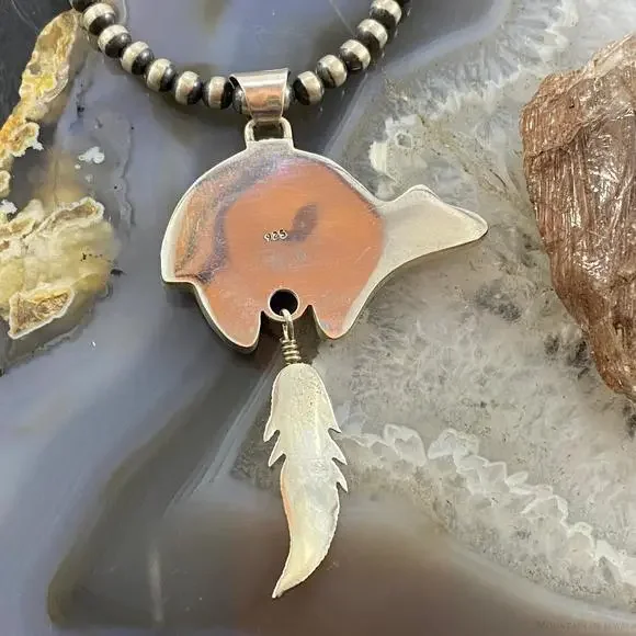 Native American Sterling Multistone Zuni Inlay Fetish Bear w/Feather Pendant - Picture 7 of 10